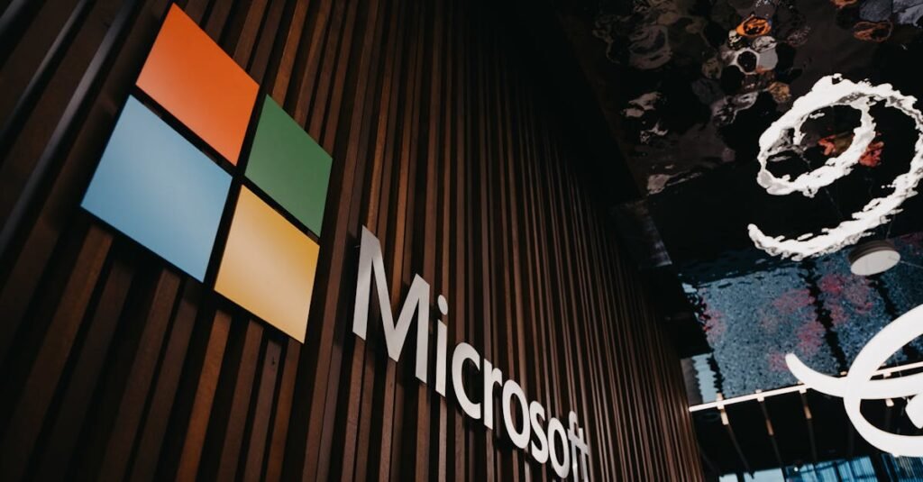 Interior view of Microsoft office with logo on wooden wall in Brussels, Belgium.